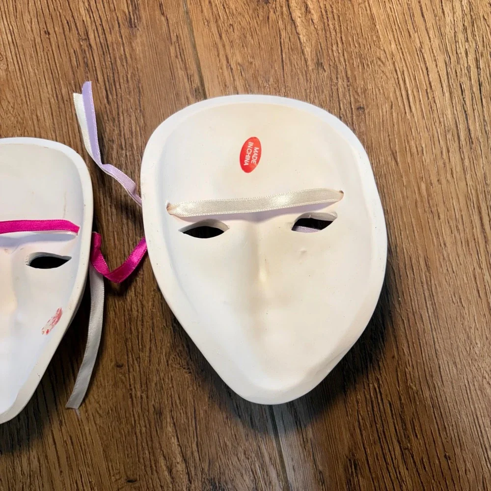 Vintage Hand Painted Ceramic Harlequin Masks Set of 3 Glitter Ribbon Decor 5.5in